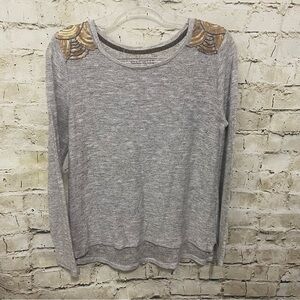 Nine West Gray Gold Sequin Thin Knit Long Sleeve Top